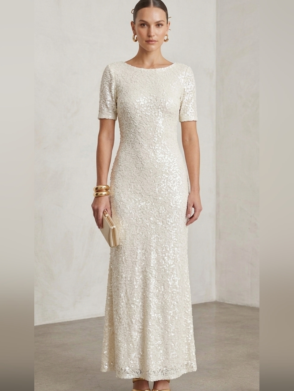BCBGMAXAZRIA White Sequin Gown Dress XXS Halter Open Back Prom Wedding Formal